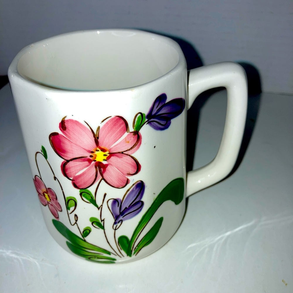 Vintage Hand Painted Japan Floral Coffee Mug Paneled Yellow Red Flowers